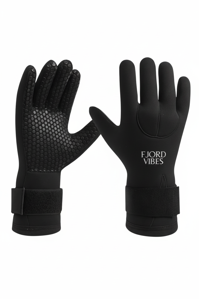 Svarte neopren hansker 5mm med Fjord Vibes logo