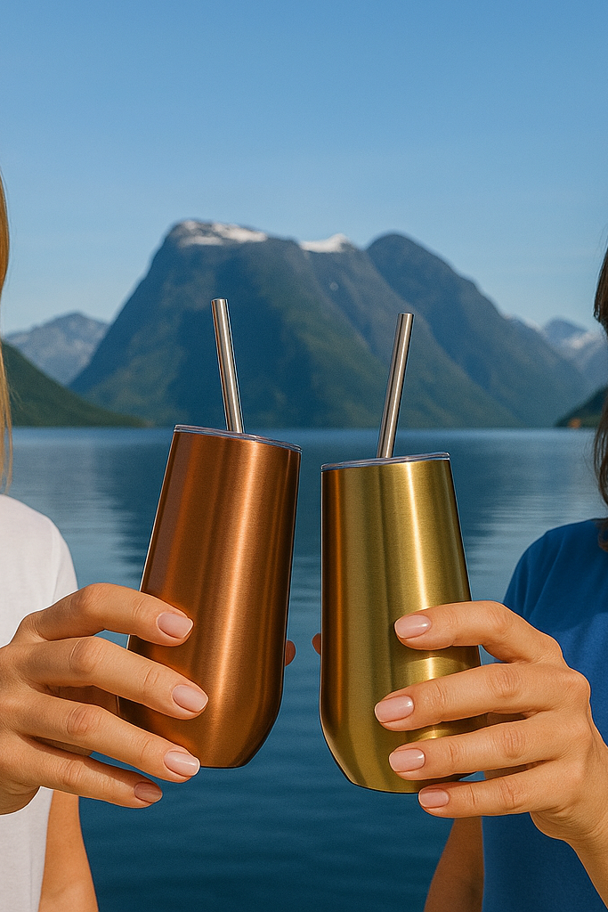 To damer som skåler med hver sin prosecco kopp foran en fjord med høye fjell i bakgrunnen