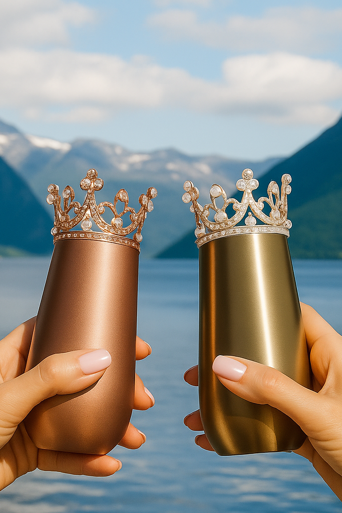 To damer holder opp to kopper mot hverandre og skåler. Koppene er glamorøse i gull og rosegull-farge med kroner på topplokket. Bakgrunnen er en fjord med høye fjell
