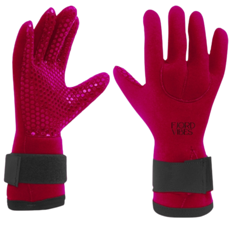 Røde neopren hansker laget for isbadere og helårsbadere