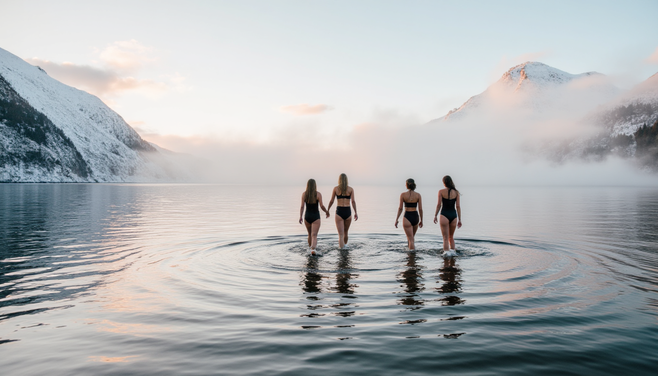 bilde av 4 damer som går ut i en iskald fjord i norg e for å bade