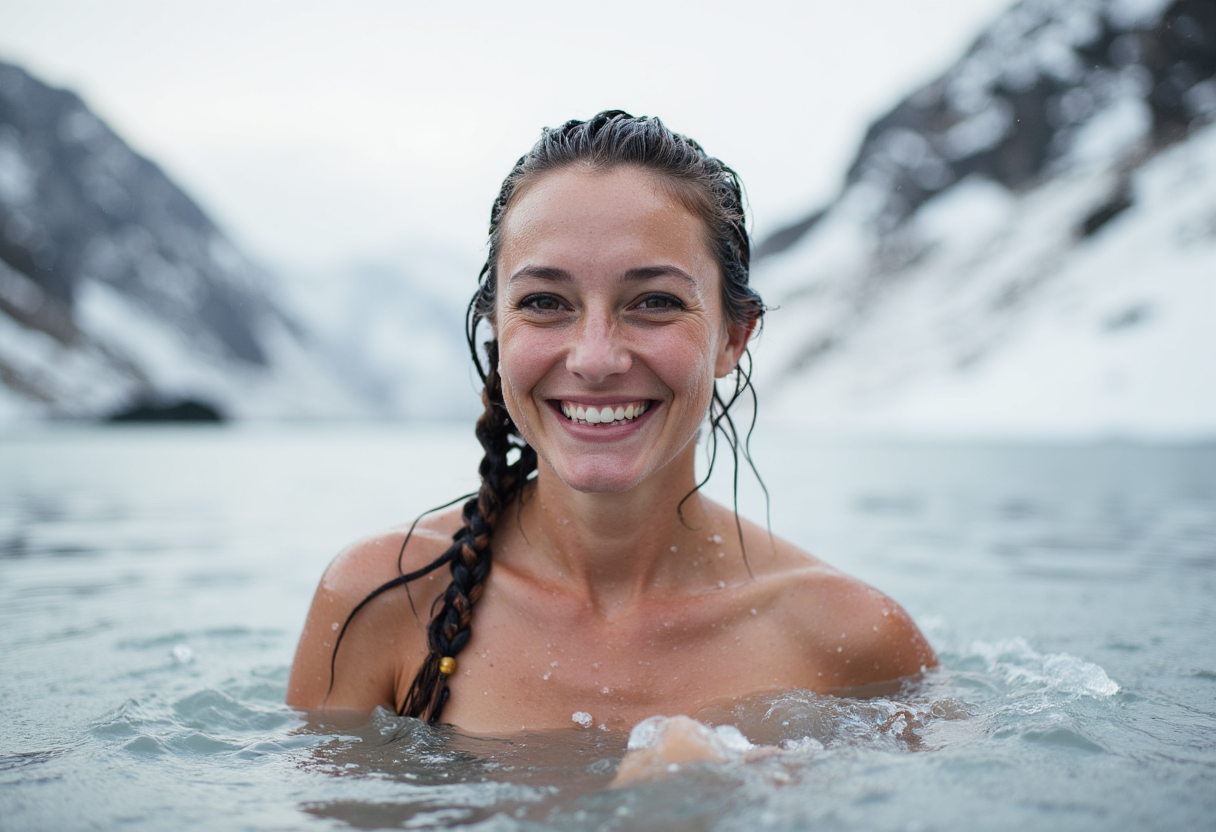 dame som isbader i isvann og ser lykkelig ut
