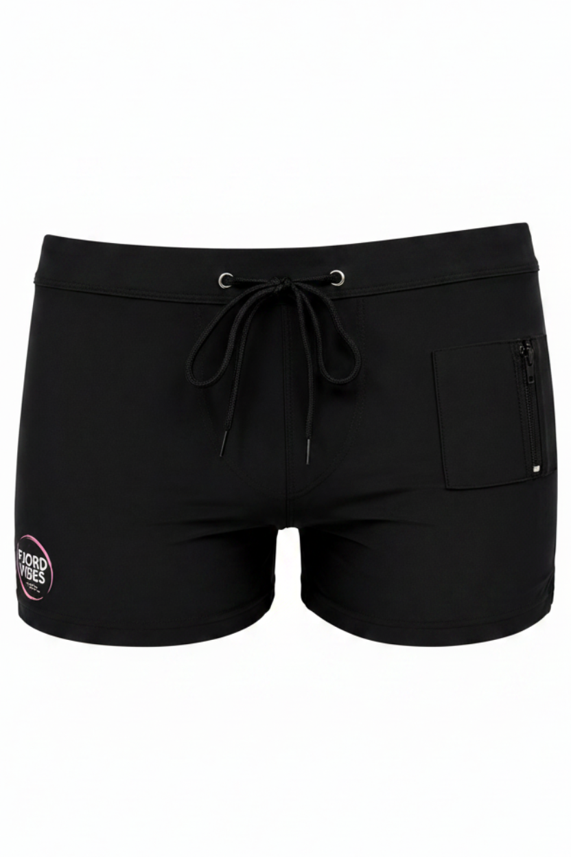 Badebukse trunk for menn svart med rosa detaljer front view  Fjord Vibes of Norway