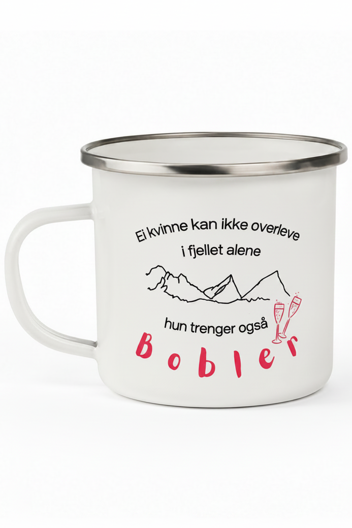 En hvit retro turkopp 12 oz med  trykk av "Ei kvinnekan ikke overleve i fjellet alene - hun trenger også bobler# laget for turglade damer osm har med prosecco i sekken