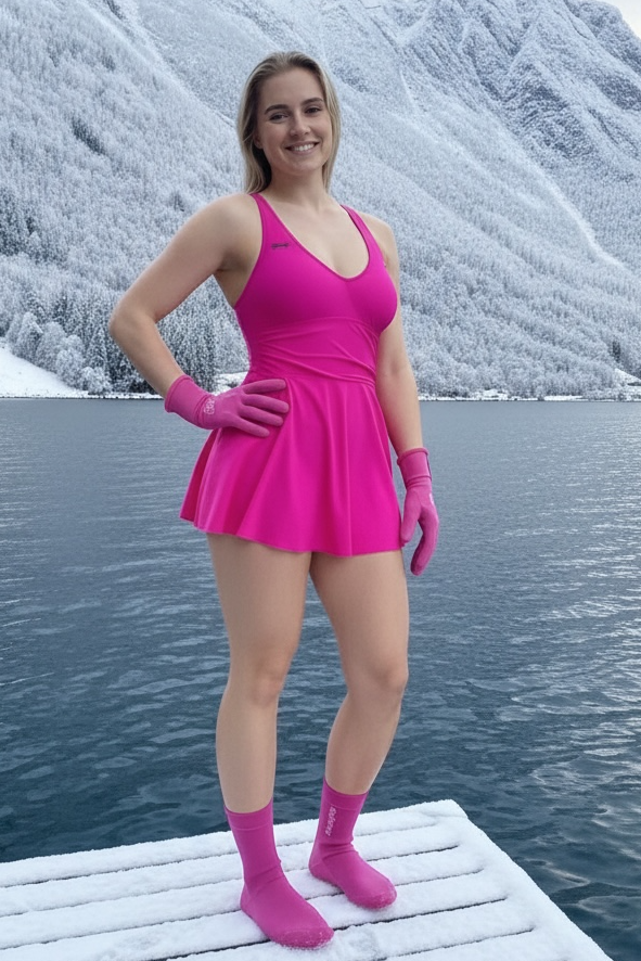 Dame som har på rosa badekjole og matchende neopren hansker og sokker. Hun står på en brygge ved en norsk fjord om vinteren